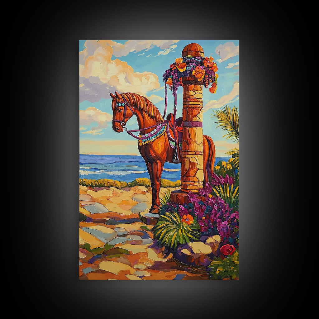 Horse Coast, Sky, Western, Framed Canvas Print scenic cowboy horse art, rustic western ocean view decor, farmhouse wall accent