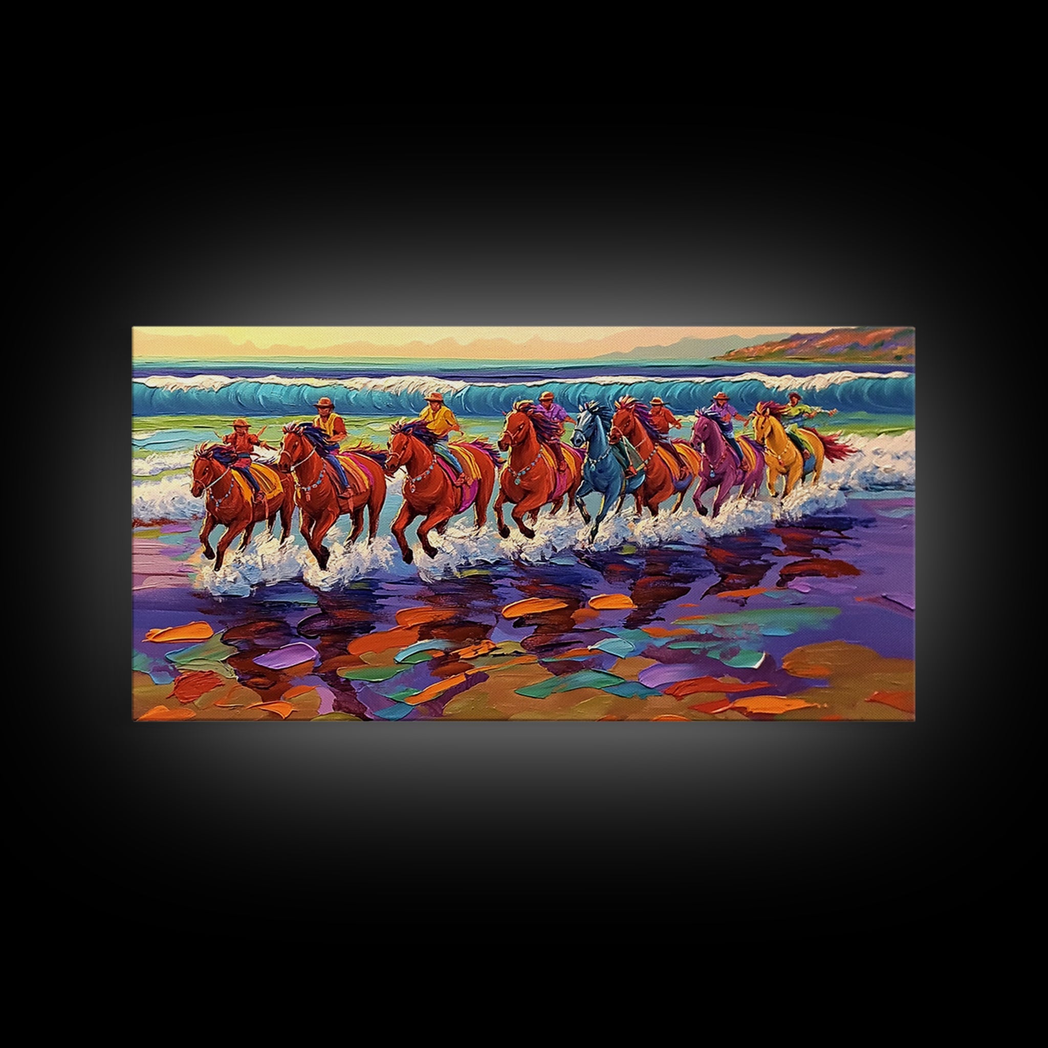 Galloping Horses, horse painting, vintage horse art, framed canvas print, coastal cowgirl wall art, whimsical art, rustic wall art