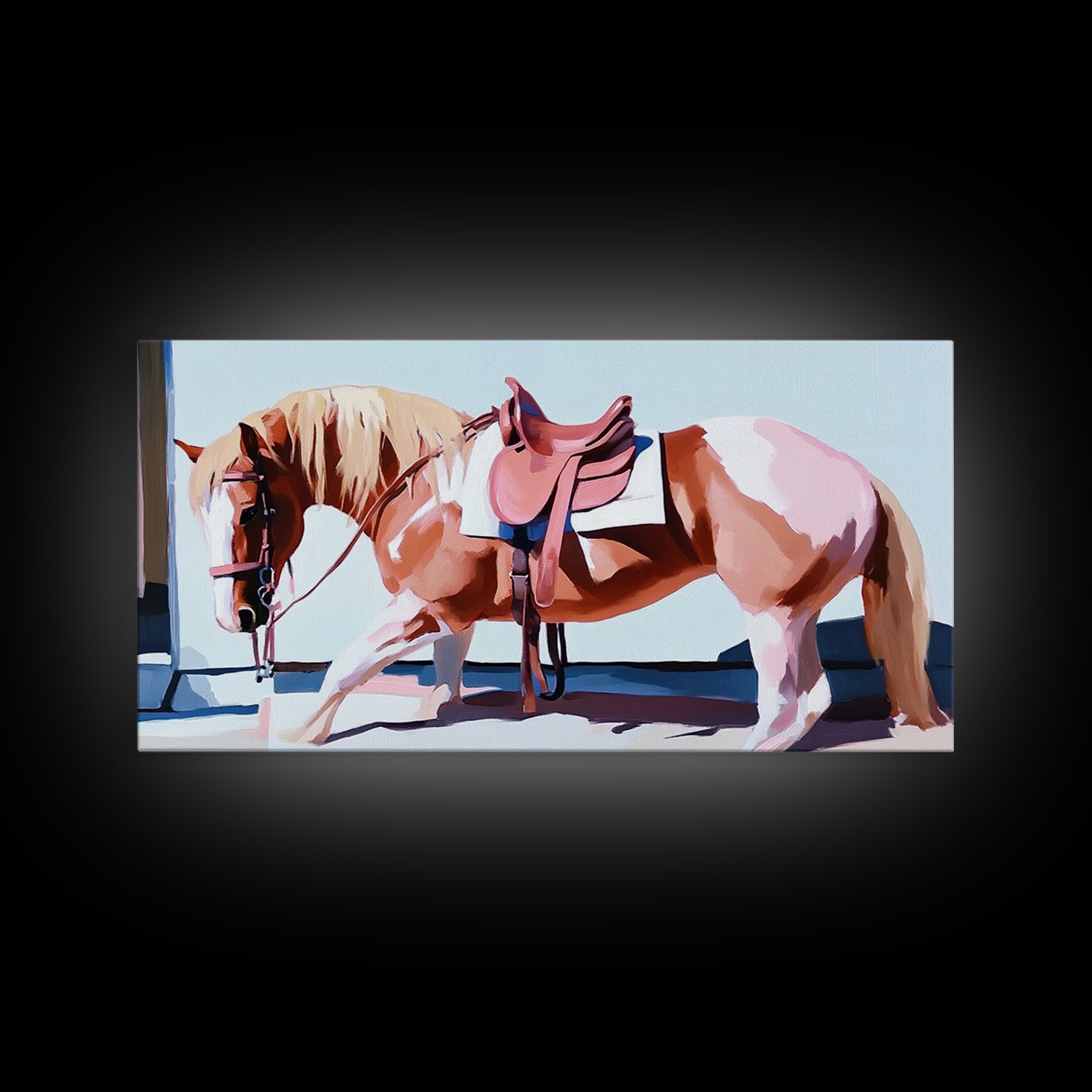 Saddled Horse Art, Vintage Horse Painting, Equestrian Wall Art, Rustic Western Decor, Framed Canvas Print, Gift Idea, Country Home Decor