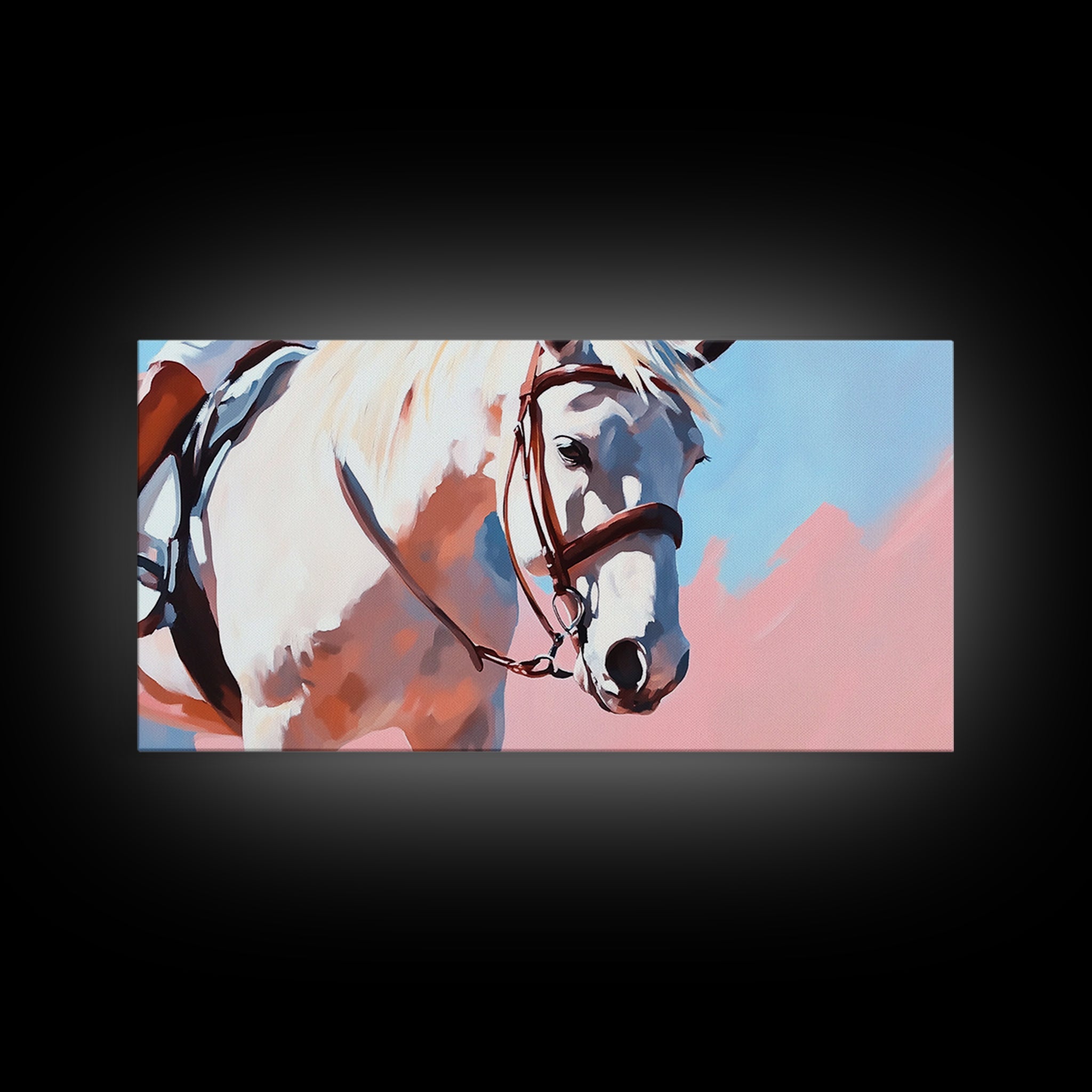 White Horse Art, Vintage Horse Painting, Pink and Blue Wall Art, Rustic Decor, Framed Canvas Print, Equestrian Gift, Farmhouse Art