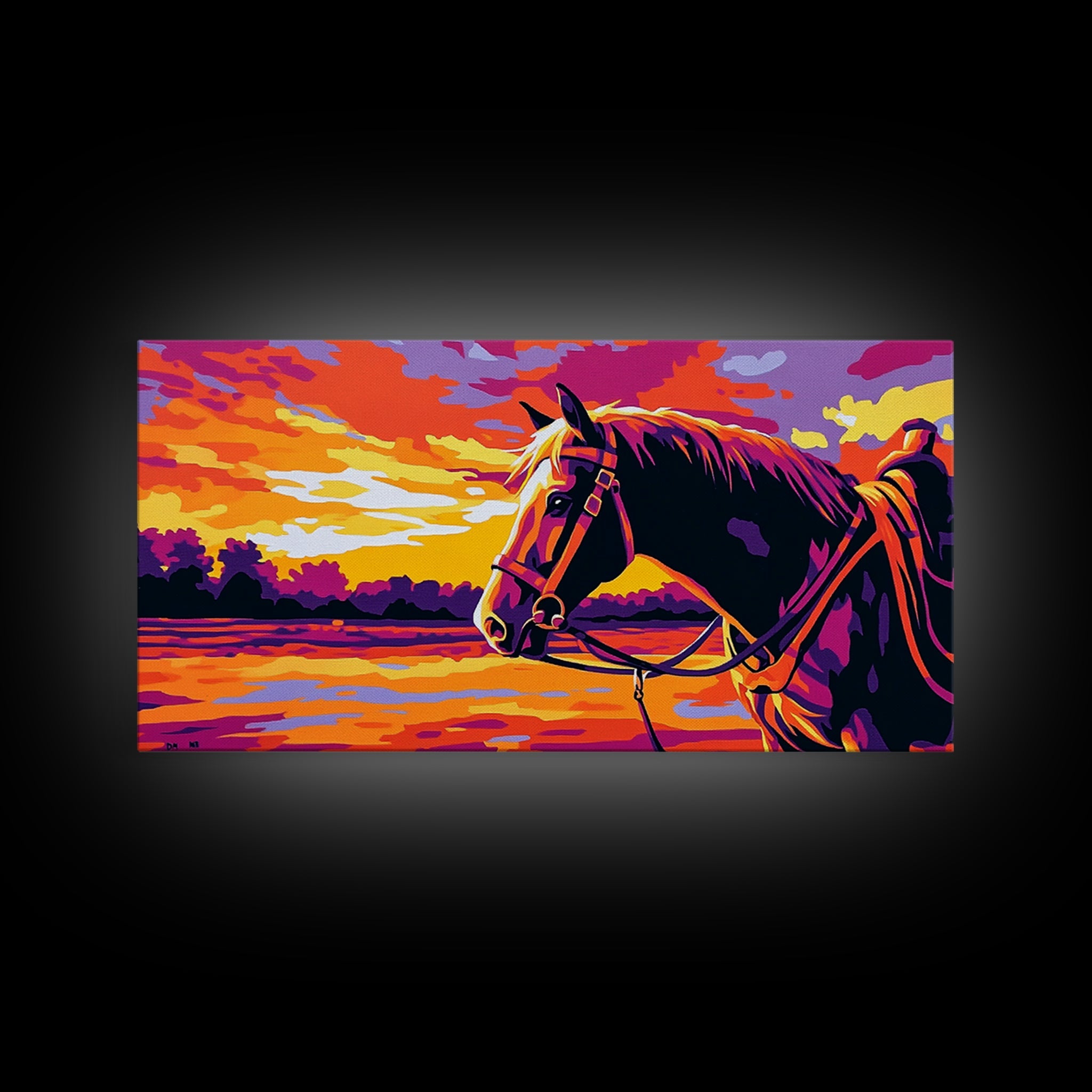 Horse Landscape, vintage horse art, sunset painting, rustic decor, western theme, panoramic painting, canvas print