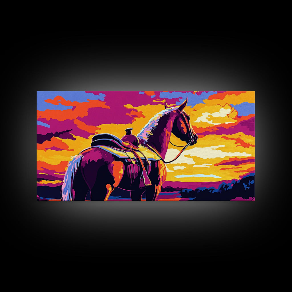 Saddled horse, sunset view, western ranch, cowboy aesthetic, rustic decor, farmhouse painting, moody art, canvas print