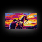 Saddled horse, sunset view, western ranch, cowboy aesthetic, rustic decor, farmhouse painting, moody art, canvas print