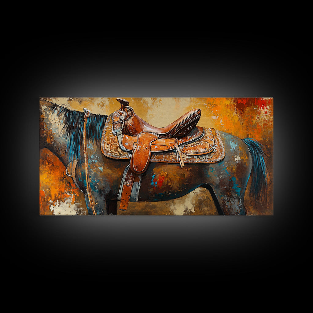 Western Saddle Art, Canvas Print, Rustic Decor, Moody Art, Southwest Wall Art, Extra Wide Art, Above Bed Wall Art, Farmhouse Wall Art