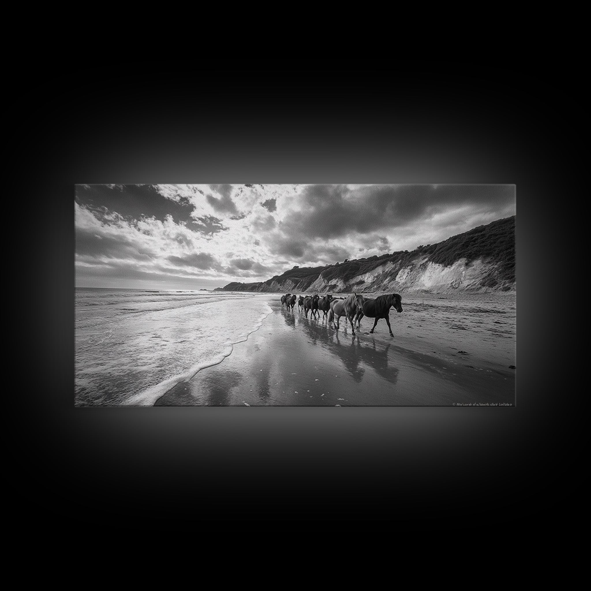 Wild Horses, vintage horse art, rustic decor, equestrian painting, black and white photography, ocean painting, coastal wall art, Framed Canvas Print