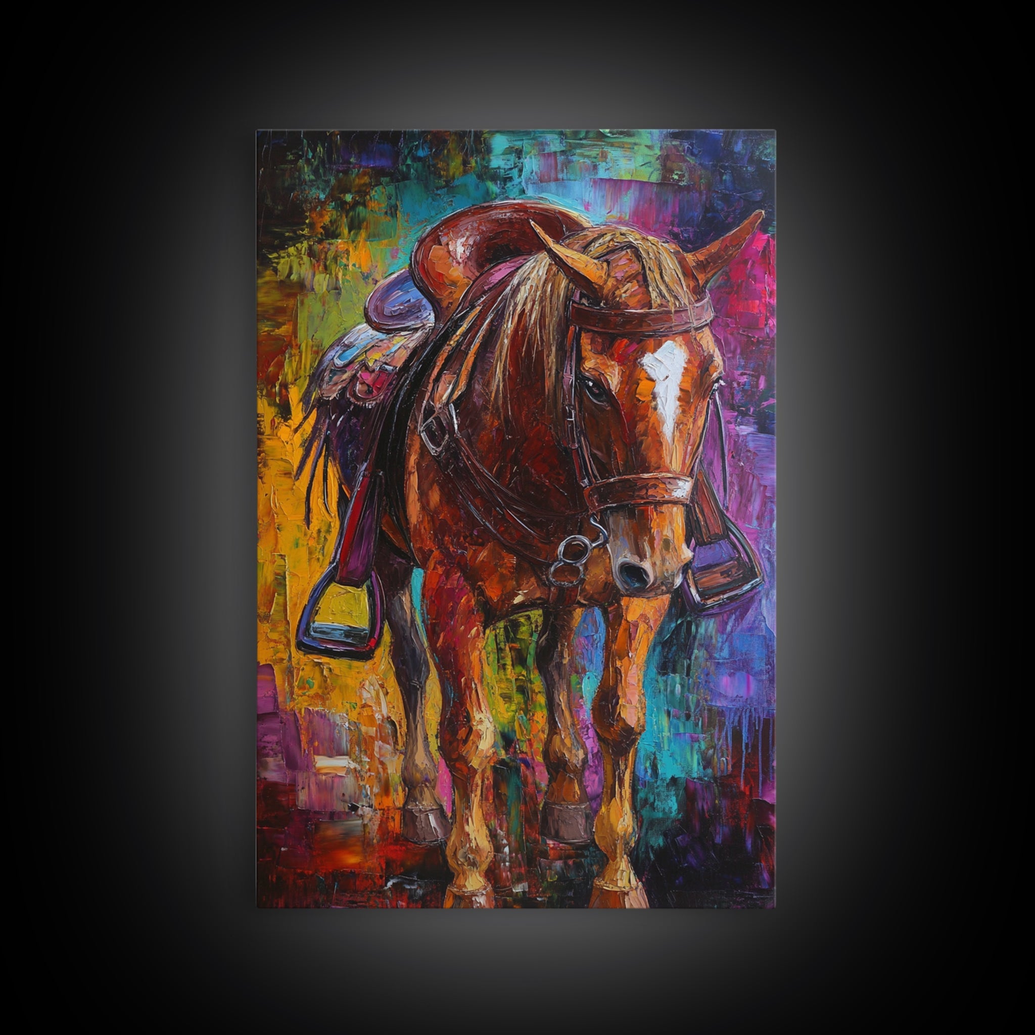 Bold Horse, vibrant painting, horse wall art, colorful western decor, rustic art, above couch art, boho art, Framed Canvas Print