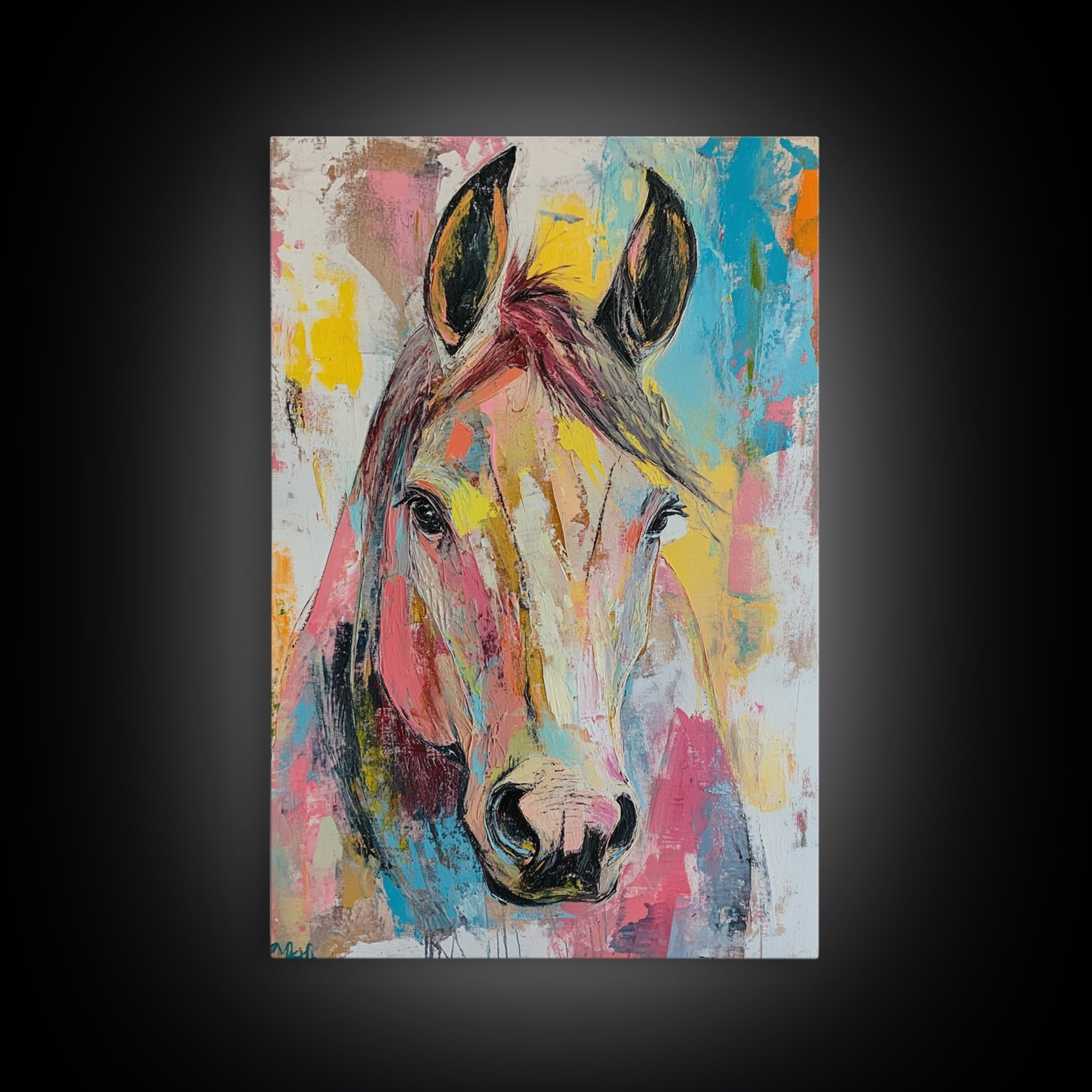 Abstract Horse Painting, pink orange wall art, vintage horse art, colorful decor, farmhouse art, canvas print, gift idea for her