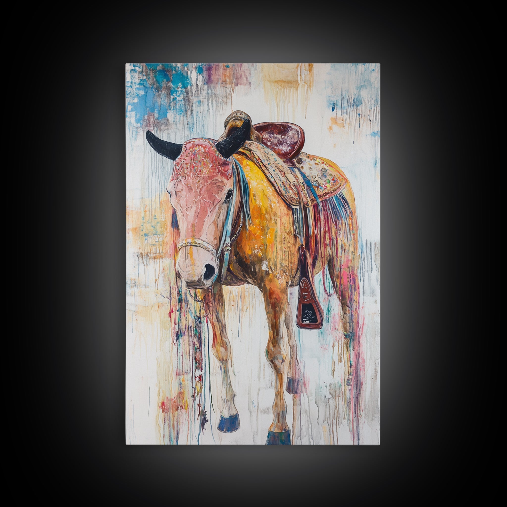 Painted saddle horse, vintage horse art, cowboy decor, rustic wall art, framed canvas print, boho art, above bed wall art, western art