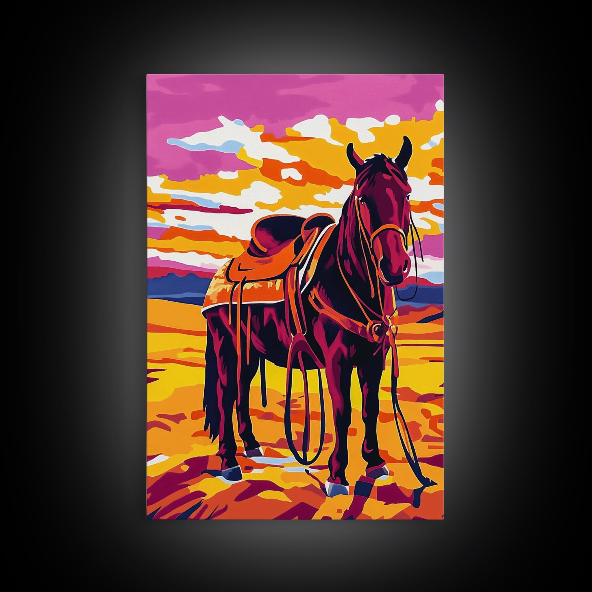 Western horse painting, pink orange wall art, vintage horse art, rustic decor, framed canvas print, southwest wall art, cowboy decor