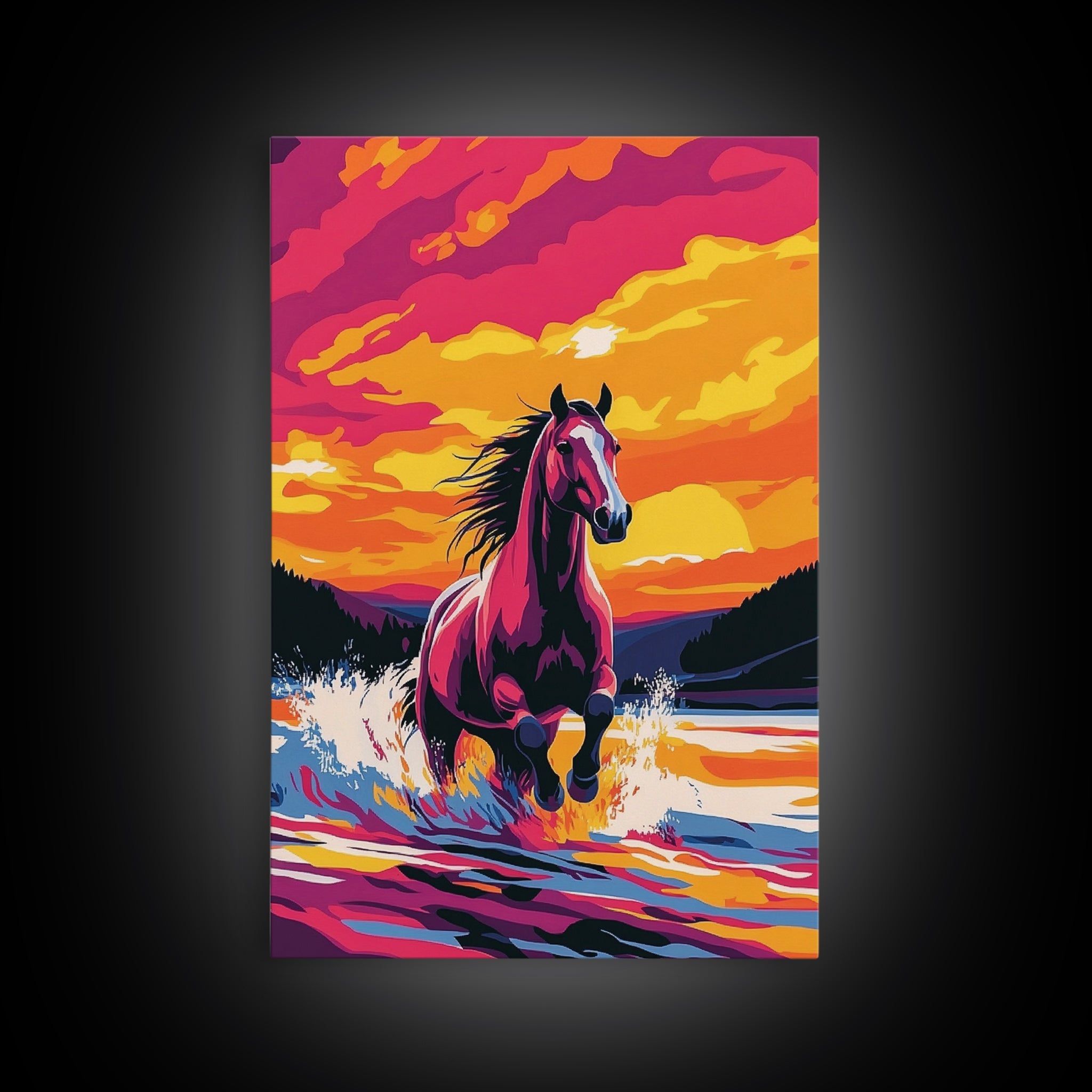 Horse Running, pink orange wall art, vintage horse art, sunset painting, horse wall art, rustic decor, gift idea for her, Canvas Print