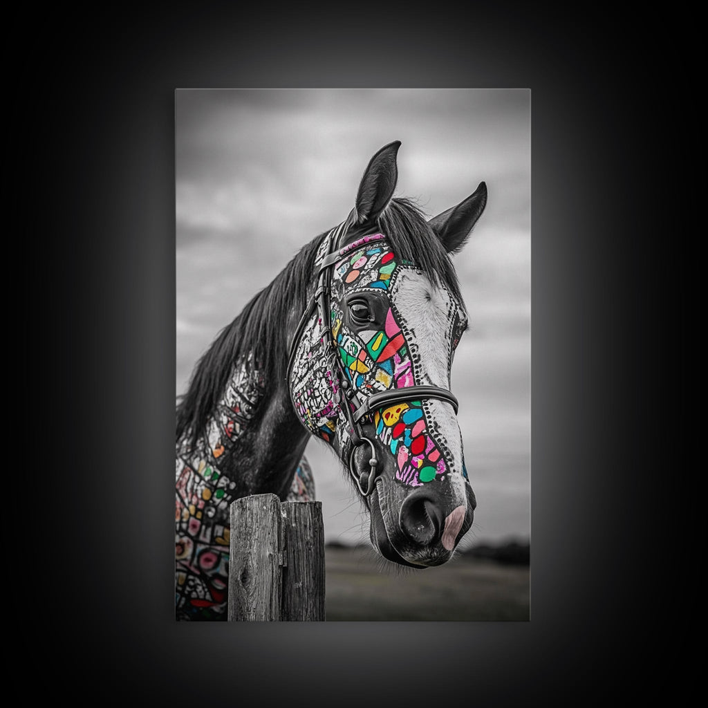 Painted Horse, Mosaic Wall Art, Blotter Art, Horse Wall Art, Boho Art, Colorful Western Art, Canvas Print, Gift Idea