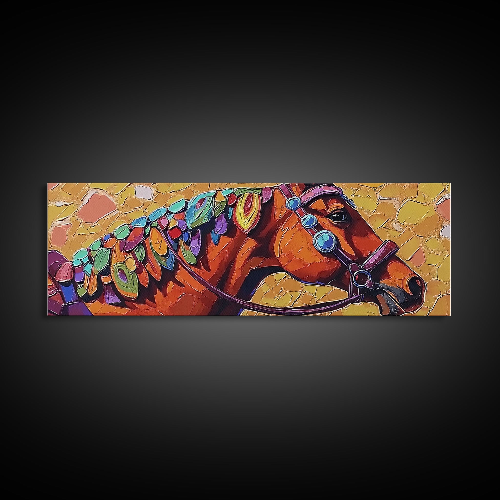 Colorful horse, abstract, horse wall art, rustic art, vintage horse art, panoramic painting, framed canvas print, extra wide art