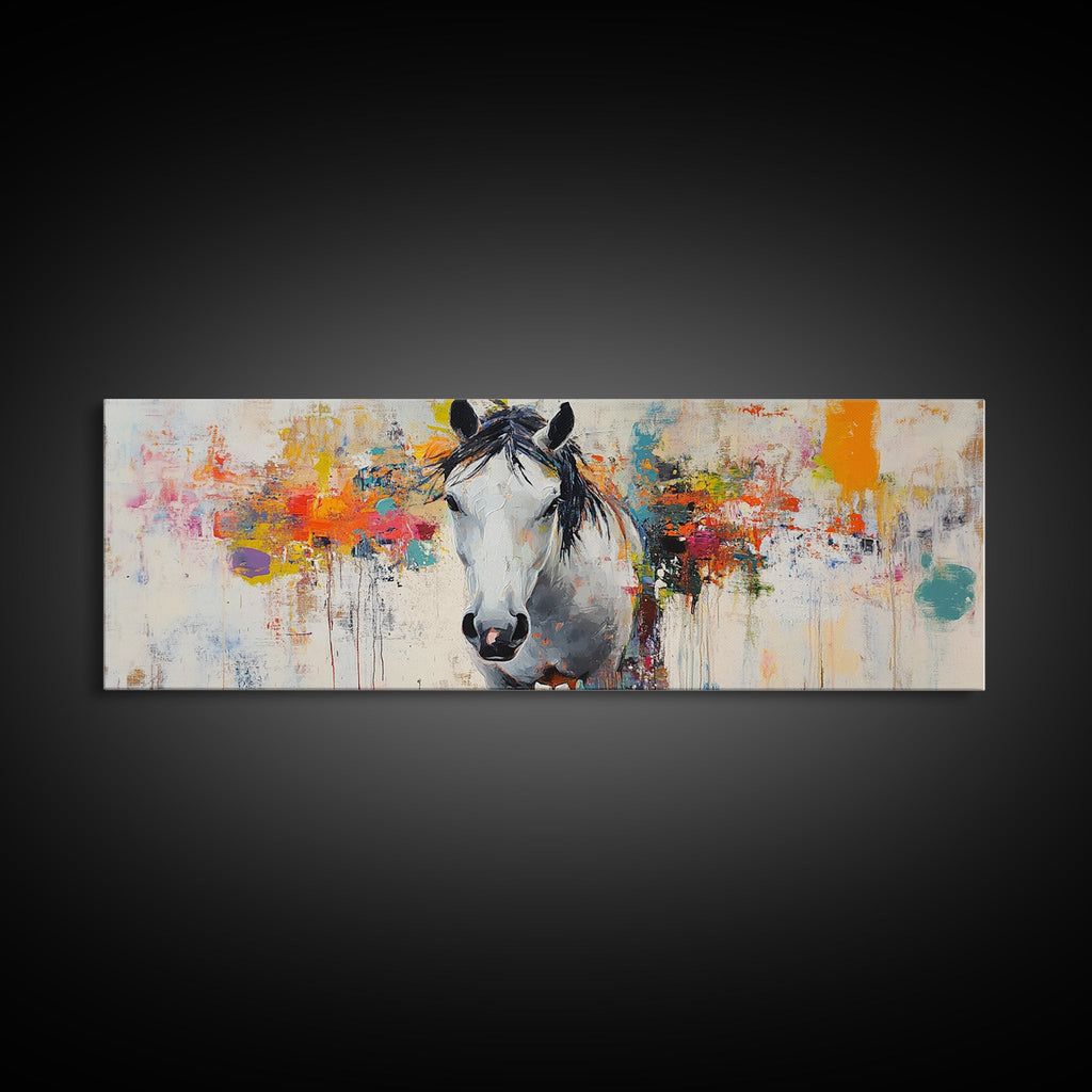 White horse, abstract, moody art, rustic decor, impressionist horse, framed canvas print, extra wide art, modern farmhouse art