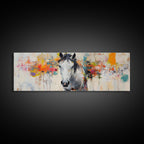 White horse, abstract, moody art, rustic decor, impressionist horse, framed canvas print, extra wide art, modern farmhouse art