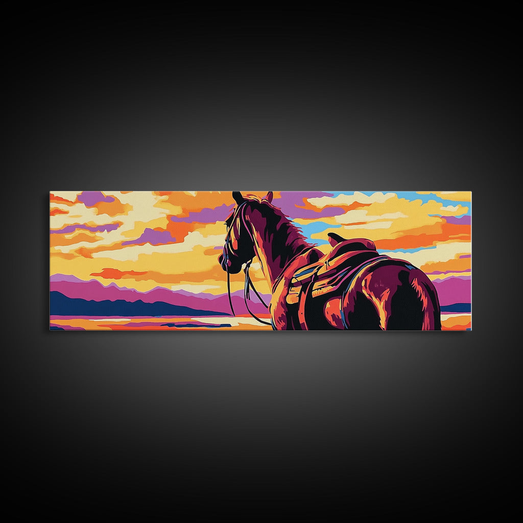 Sunset Horse Painting, southwest wall art, mountain painting, rustic western decor, cowboy wall art, framed canvas print, extra wide art