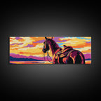 Sunset Horse Painting, southwest wall art, mountain painting, rustic western decor, cowboy wall art, framed canvas print, extra wide art