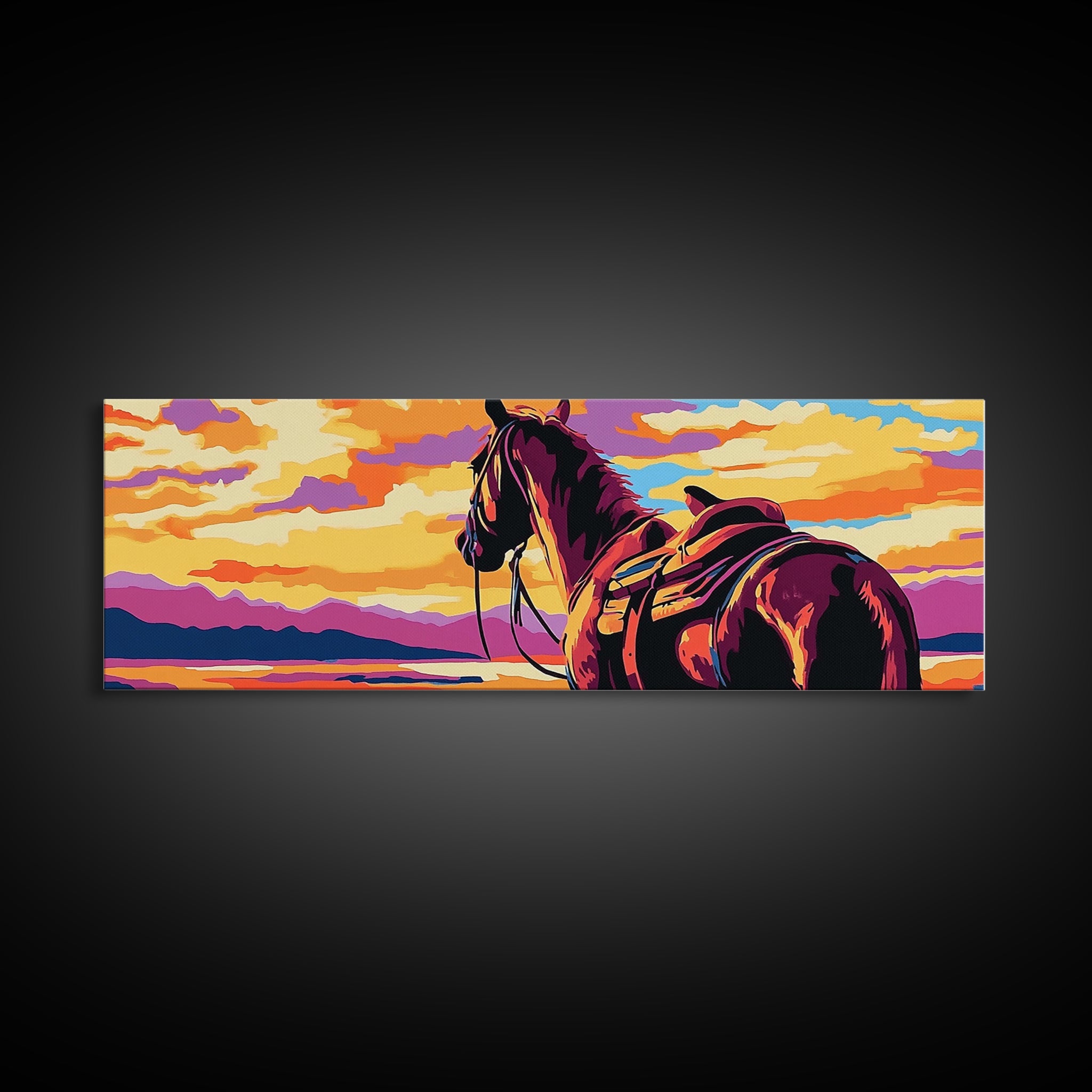 Sunset Horse Painting, southwest wall art, mountain painting, rustic western decor, cowboy wall art, framed canvas print, extra wide art