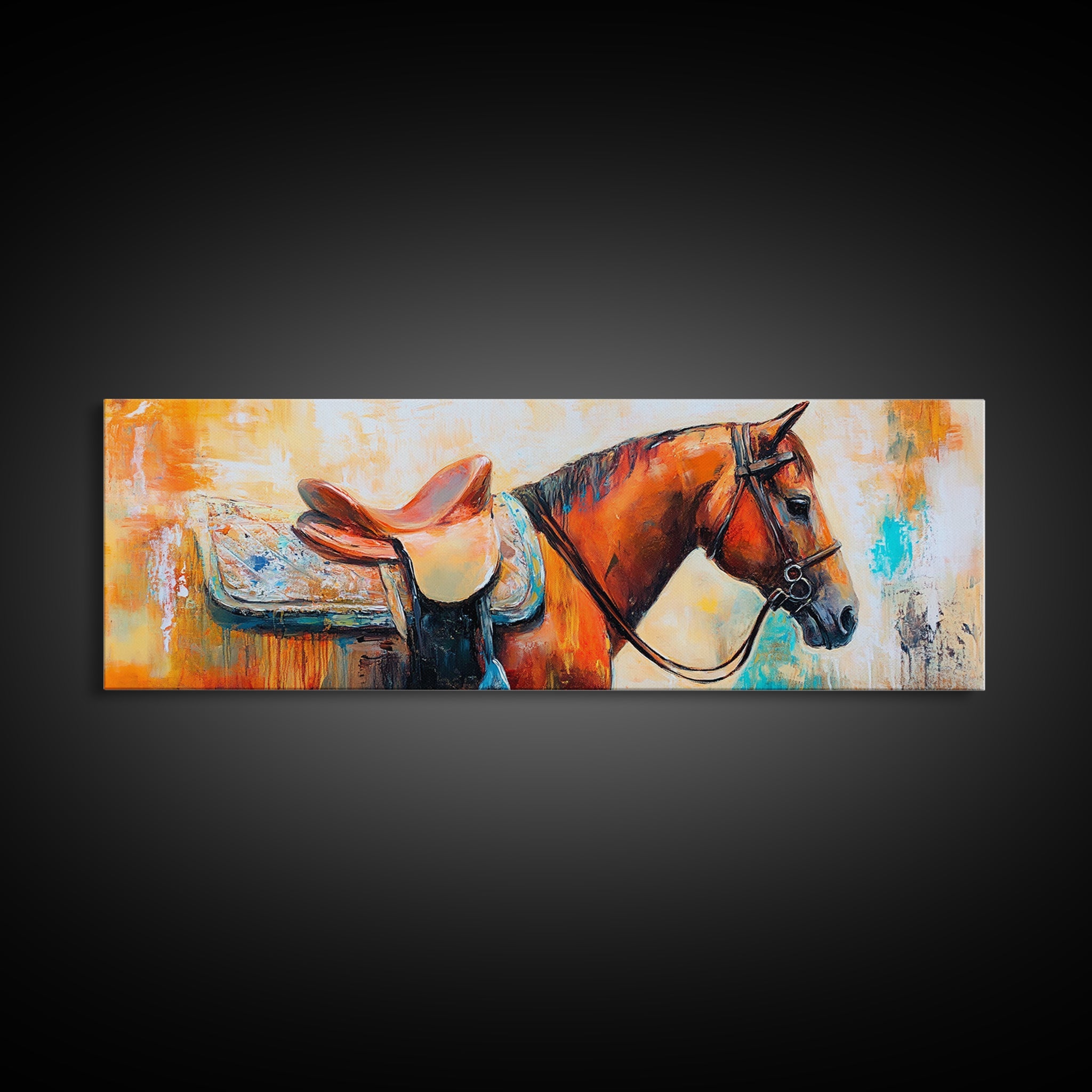 Saddled Horse, vintage horse art, rustic decor, cowboy painting, moody art, farmhouse art, western wall art, framed canvas print
