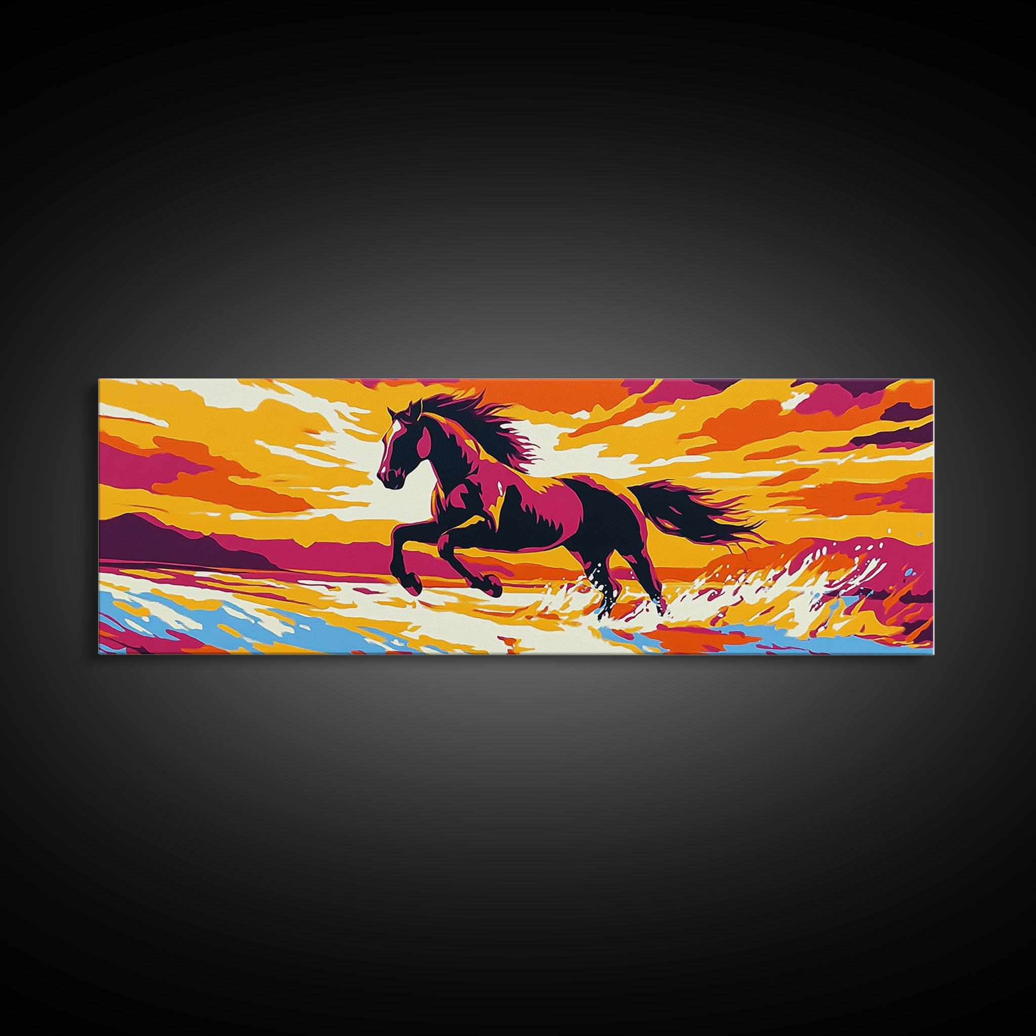 Sunset Horse Painting, Canvas Print, Vintage Horse Art, Pink Orange Wall Art, Southwest Wall Art, Rustic Decor, Panoramic Art, Farmhouse Art, Living Room Art