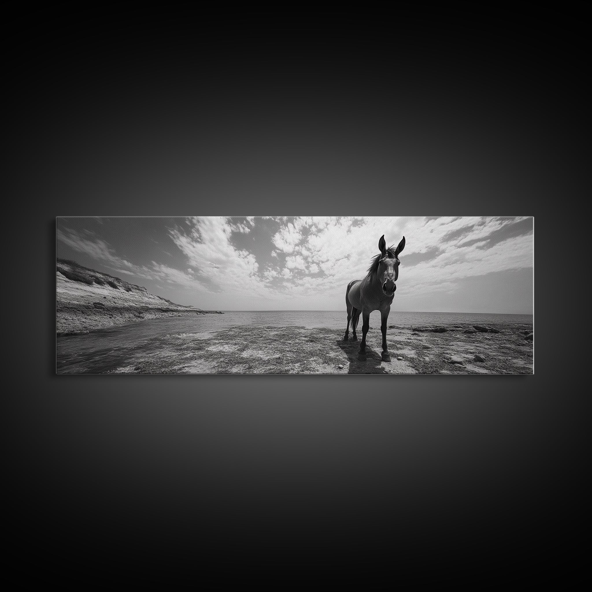 Lone horse, coastal cowgirl, panoramic art, extra wide art, vintage horse art, framed canvas print, rustic decor, seascape painting, moody art