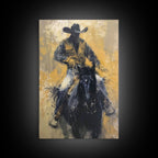 Cowboy in Full Gear Riding Horse - Framed Canvas Print, Western Wall Art, Rustic Decor, Living Room and Bedroom Art Print