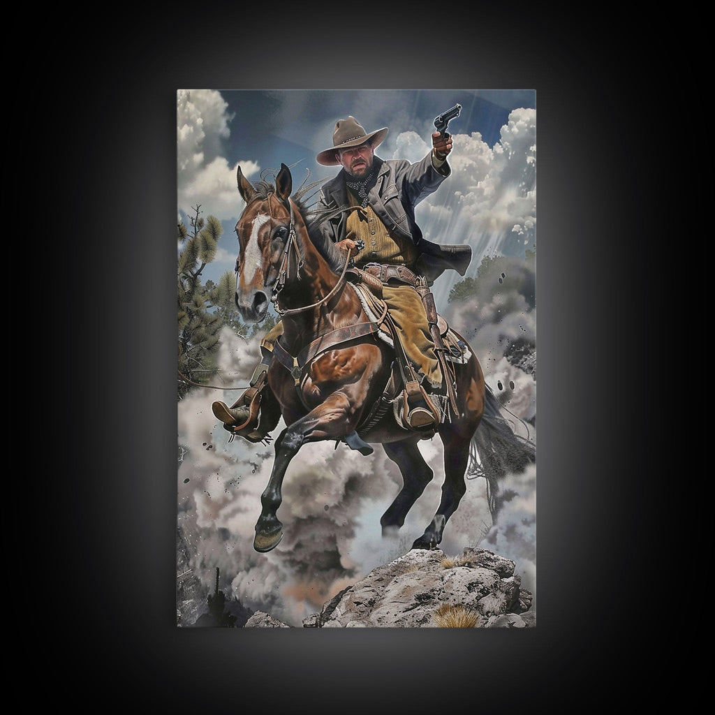 Framed Canvas Print, Cowboy Riding Horse with Gun Wall Art, Western Style Artwork for Living Room or Bedroom Decor, Dynamic Home Art Piece