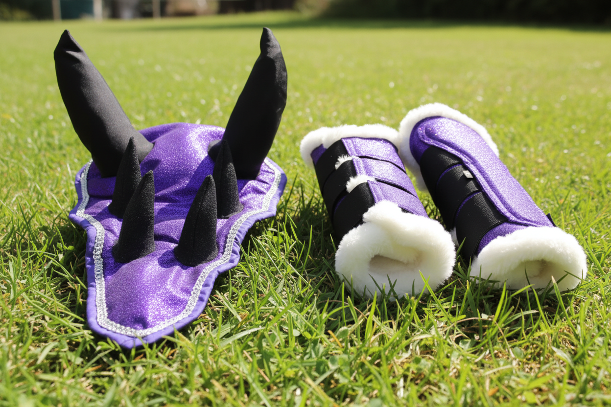 Purple Horse Dragon Saddle Pad, Ear Bonnet & Horse Boot Set