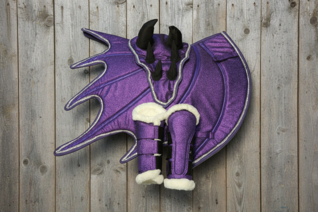 Purple Horse Dragon Saddle Pad, Ear Bonnet & Horse Boot Set
