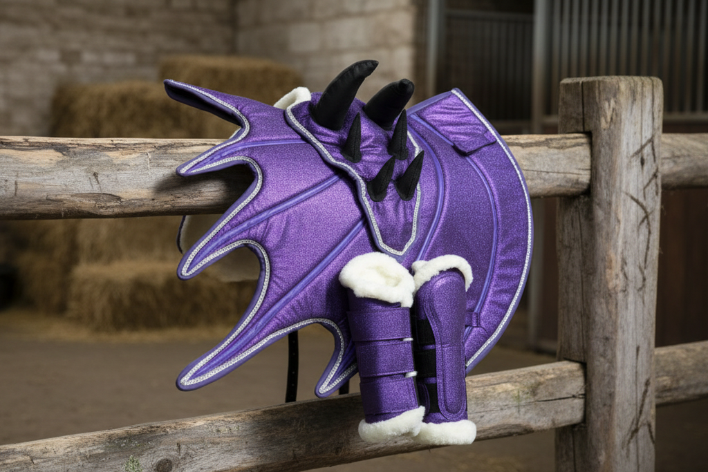 Purple Horse Dragon Saddle Pad, Ear Bonnet & Horse Boot Set
