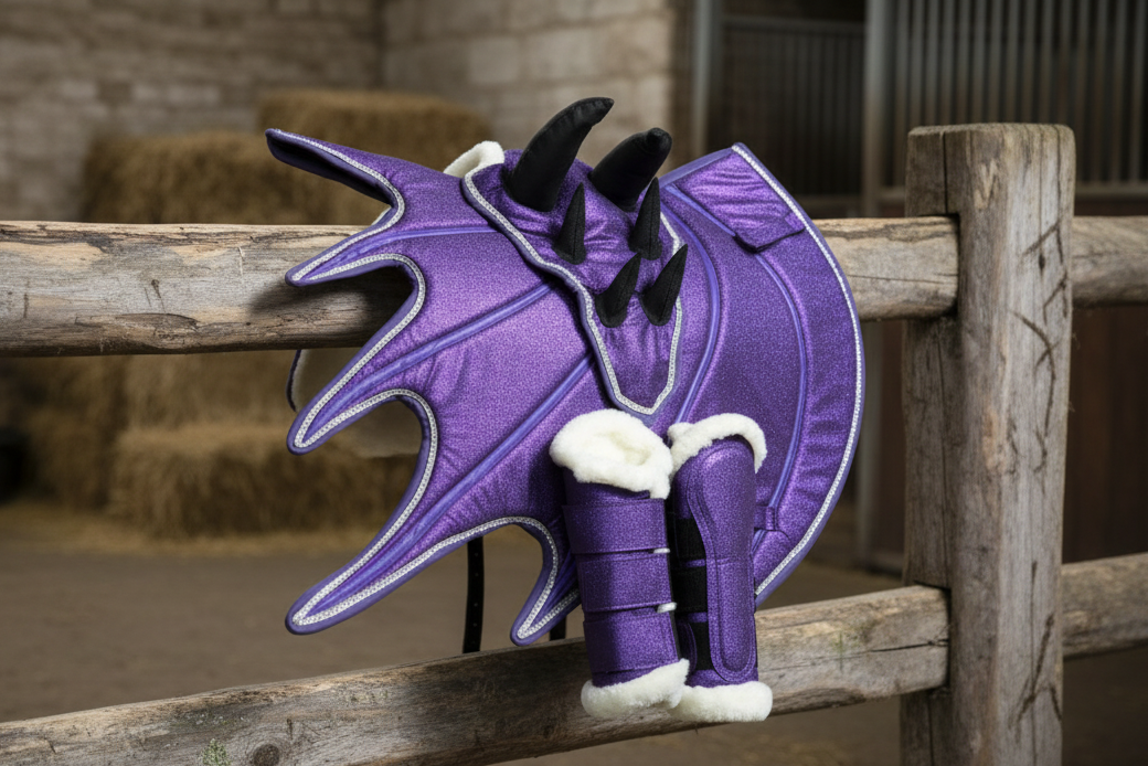 Purple Horse Dragon Saddle Pad, Ear Bonnet & Horse Boot Set