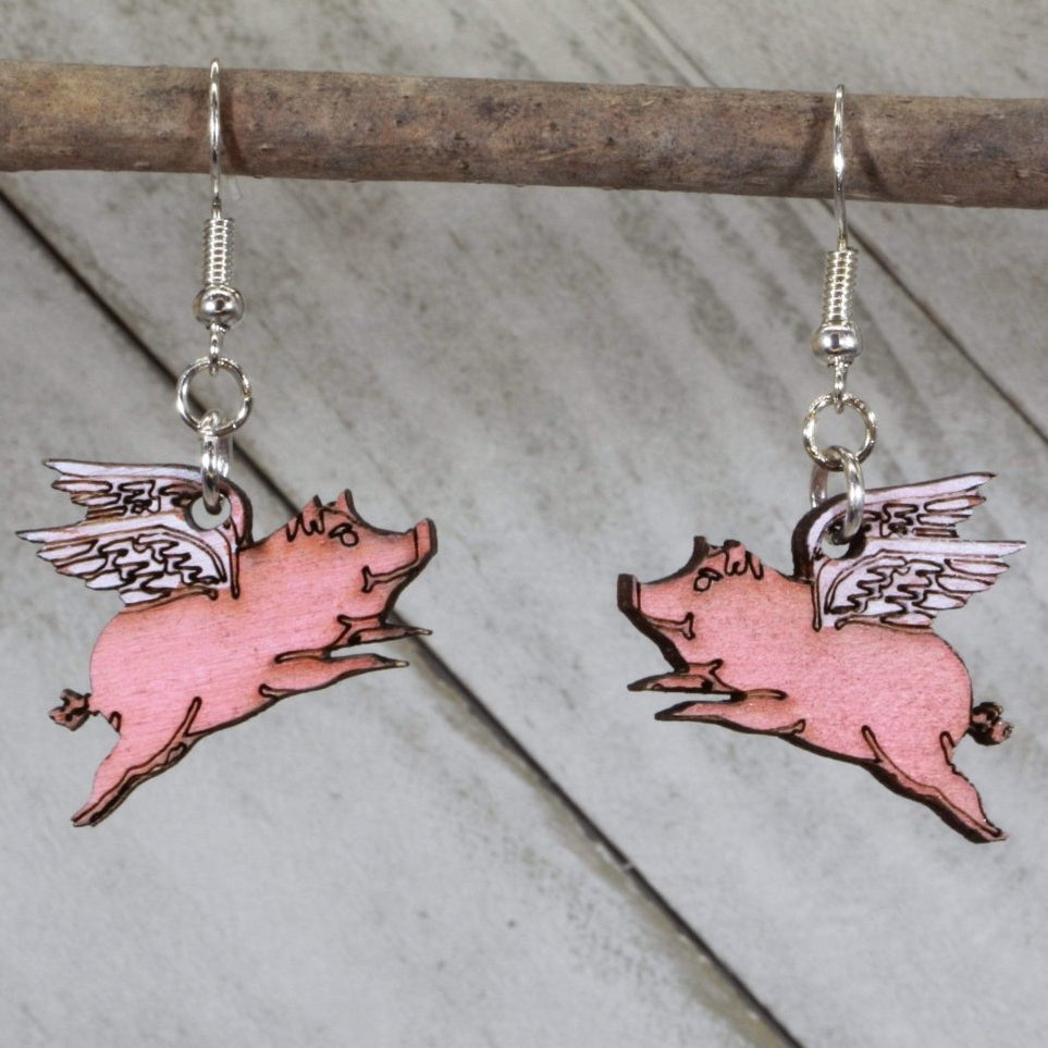 Flying Pig Wooden Dangle Earrings | Realistic Animal Jewelry