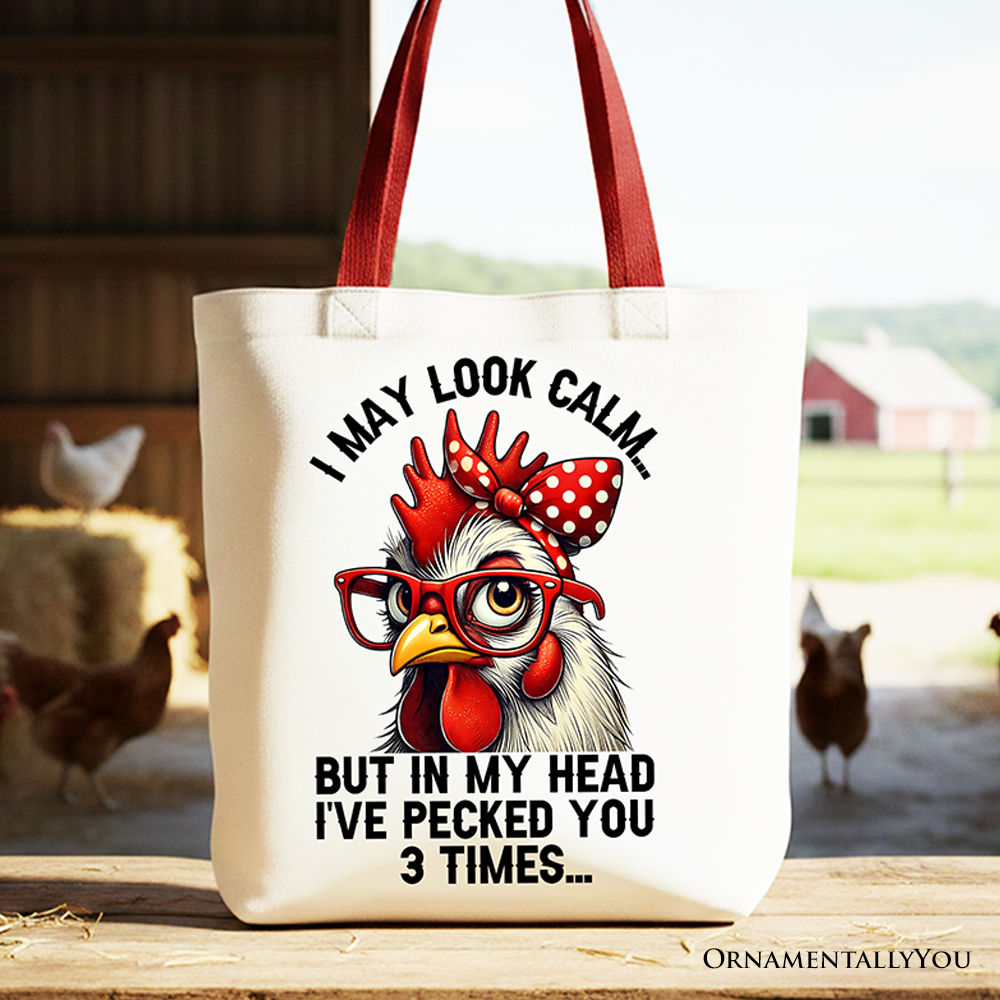 Pecking Chicken Tote Bag, Red Glasses and Bow White Gift Shopper for Sassy Women