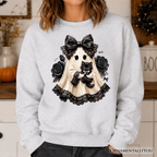 Gothic Ghost with Black Cat Sweatshirt, Black Rose Coquette Halloween Sweater