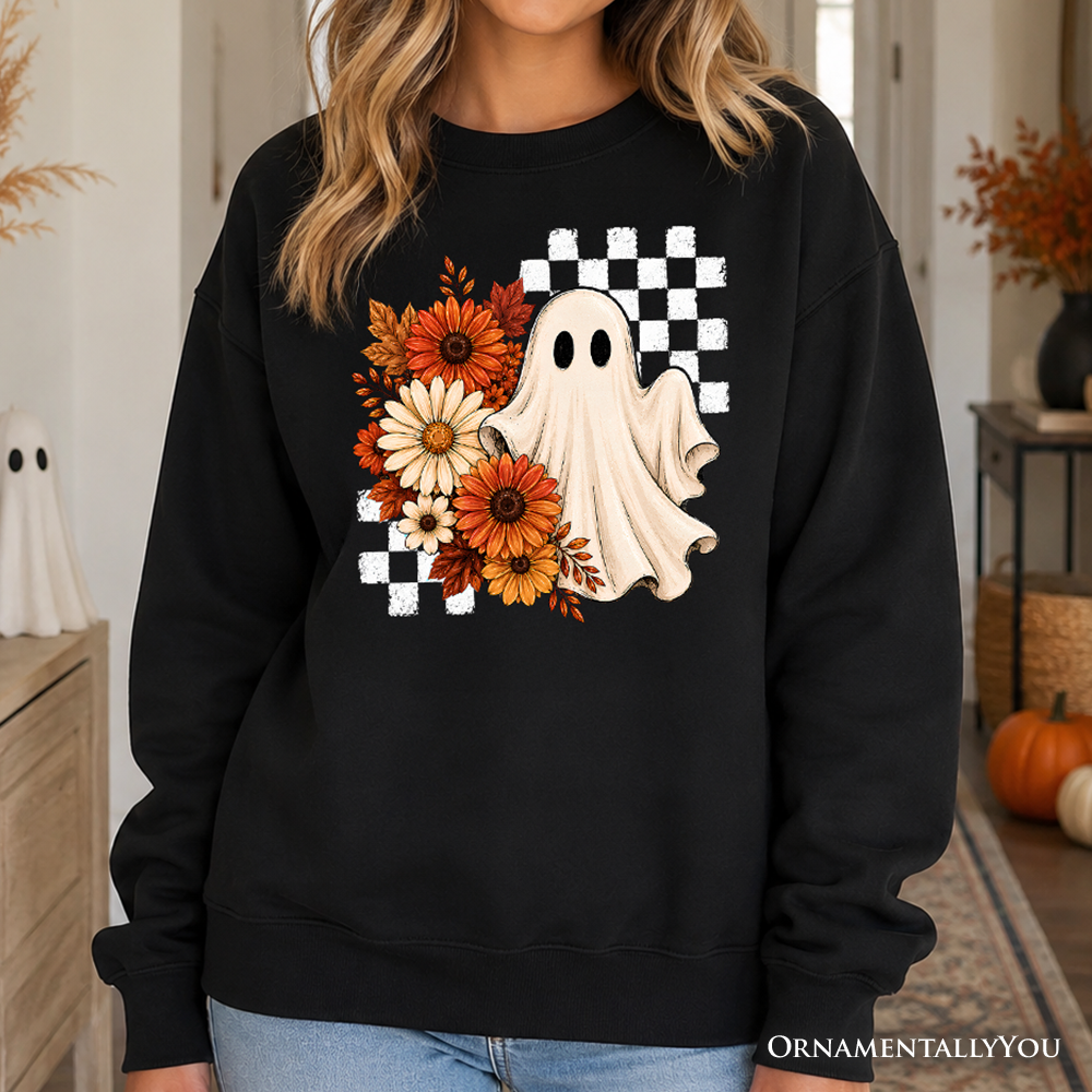 Checkered Floral Ghost Sweatshirt, Vintage Fall Halloween Daisy Sweater