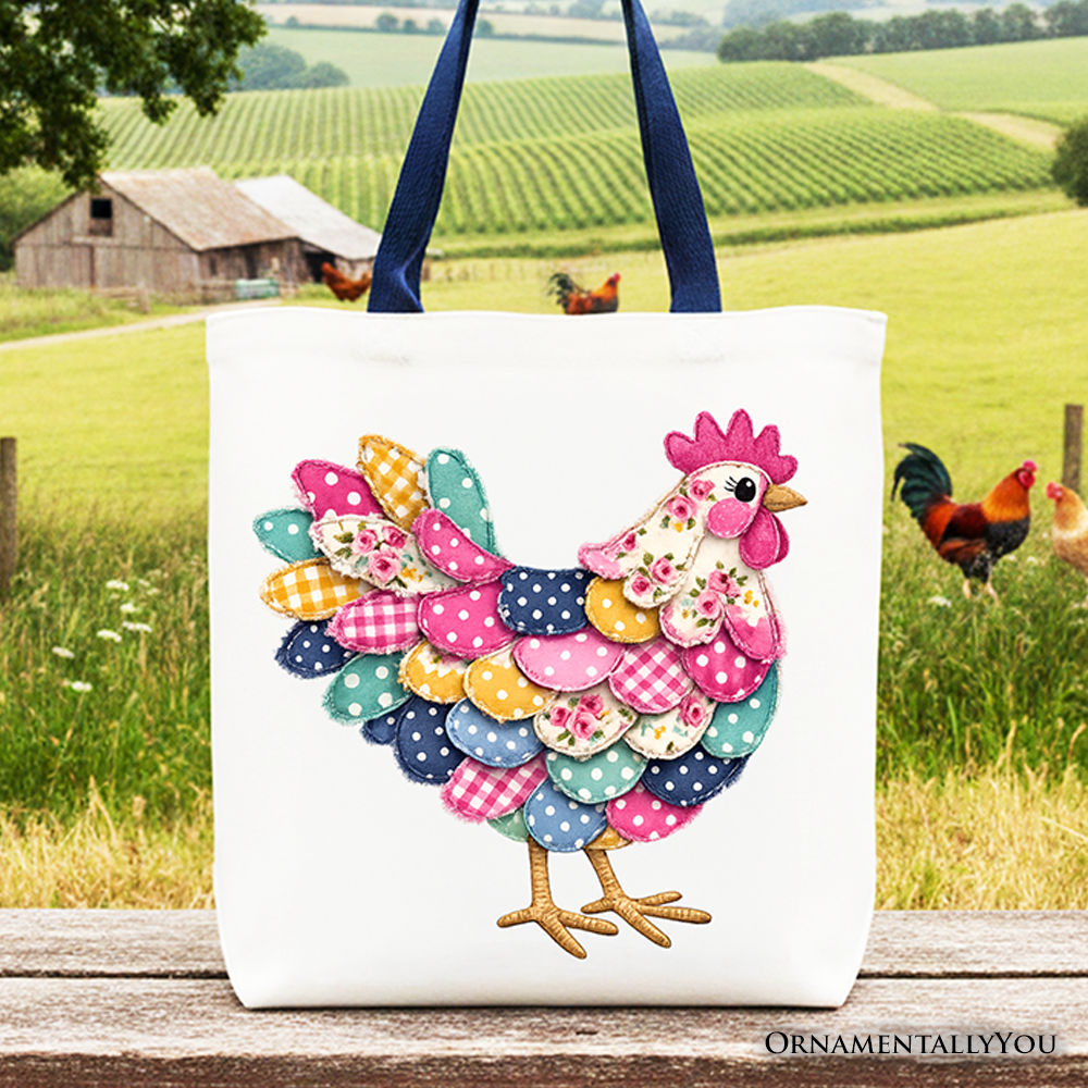 Floral Chicken Printed Faux Patchwork Tote Bag, Coquette Hen Farmhouse Gift Shopper