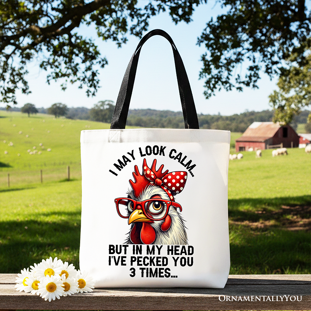 Pecking Chicken Tote Bag, Red Glasses and Bow White Gift Shopper for Sassy Women