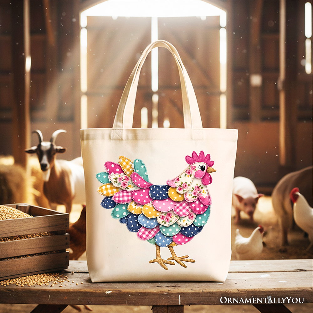 Floral Chicken Printed Faux Patchwork Tote Bag, Coquette Hen Farmhouse Gift Shopper