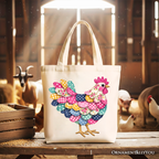 Floral Chicken Printed Faux Patchwork Tote Bag, Coquette Hen Farmhouse Gift Shopper