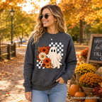 Checkered Floral Ghost Sweatshirt, Vintage Fall Halloween Daisy Sweater
