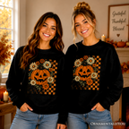 Checkered Floral Pumpkin Sweatshirt, Retro Preppy Halloween Sweater for Spooky Season Vibes