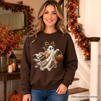 Patchwork Ghost with Leopard Bow Sweatshirt, Rustic Halloween Pumpkin Trick or Treat Sweater