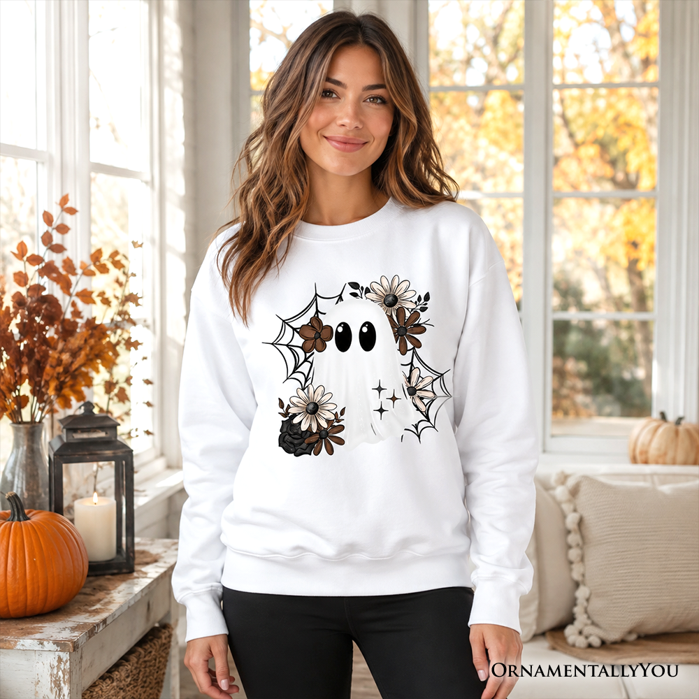 Floral Ghost Sweatshirt, Neutral Boho Halloween Spider Web Sweater