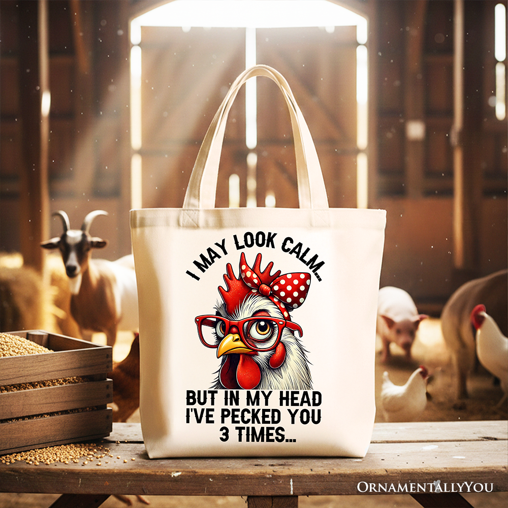 Pecking Chicken Tote Bag, Red Glasses and Bow White Gift Shopper for Sassy Women