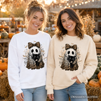 Leopard Bow Ghost with Black Cat Sweatshirt, Spooky Halloween Spider Web Sweater