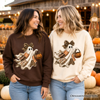 Patchwork Ghost with Leopard Bow Sweatshirt, Rustic Halloween Pumpkin Trick or Treat Sweater