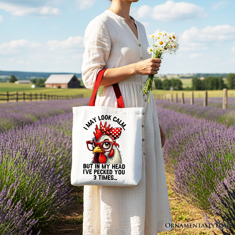 Pecking Chicken Tote Bag, Red Glasses and Bow White Gift Shopper for Sassy Women
