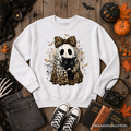 Leopard Bow Ghost with Black Cat Sweatshirt, Spooky Halloween Spider Web Sweater