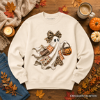 Patchwork Ghost with Leopard Bow Sweatshirt, Rustic Halloween Pumpkin Trick or Treat Sweater