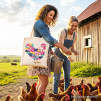 Floral Chicken Printed Faux Patchwork Tote Bag, Coquette Hen Farmhouse Gift Shopper