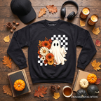 Checkered Floral Ghost Sweatshirt, Vintage Fall Halloween Daisy Sweater